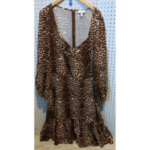 Sofia Vergara Jeans Dress 3X Leopard Print Ruffle Long Sleeve Vneck Trumpet